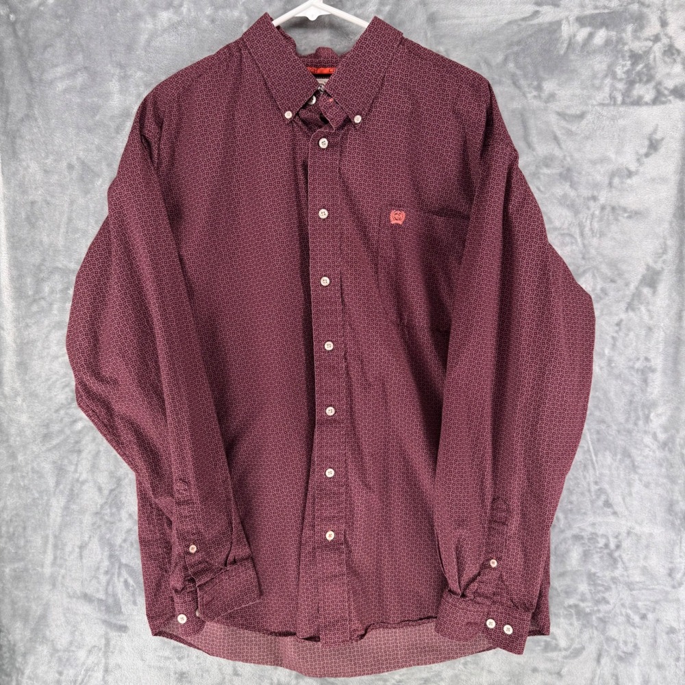 Cinch Mens Burgundy Geometric Print Long Sleeve Button Down Shirt Size Large‎